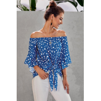 Sky Blue Polka Dot 3/4 Bell Sleeve Off Shoulder Front Tie Knot Top