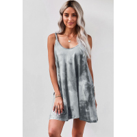 Gray U Neck Gradient Color Printed Sling Sleeveless Swing Mini Dress