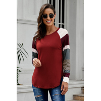 Color Block Long Sleeves Burgundy Pullover Top