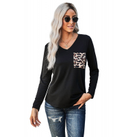 Black Leopard Patch Pocket Long Sleeve Top