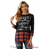 Christmas Letter Print Red Plaid Cuffs and Hem Long Sleeve Top