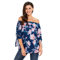 Navy Blue Floral Elastic Off Shoulder Top