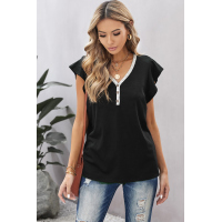 Black V Neck Buttoned Lace Trim Short Sleeve Tee