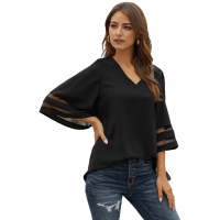 Black Flare Sleeve V Neck Loose Blouse