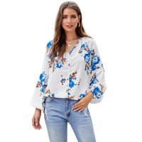 Blue Ballon Sleeve Floral Shirt Top