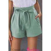 Green Tie Waist Casual Shorts with Pockets