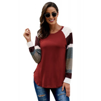 Color Block Long Sleeves Burgundy Pullover Top