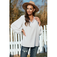 White Lace V Neck Balloon Sleeves Top