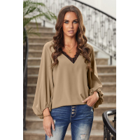 Khaki Lace V Neck Balloon Sleeves Top