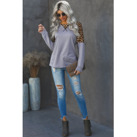 Gray Leopard Stitching Long Sleeve Top