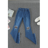 Leopard Patchwork Bell Bottom Jeans With Frayed Hem