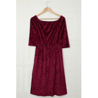 Wine Velvet Off Shoulder Half Sleeve Pleated Midi Dress