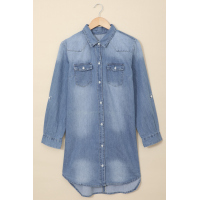 Blue Turn Down Collar Button Long Sleeve Denim Shirt Mini Dress