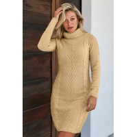 Khaki Hand Knitted High Neck Sweater Dress