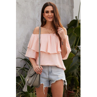 Pink Soft Breeze Frilling Off-shoulder Top