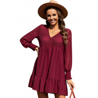 V-Neck Dotted Burgundy Empire Dress