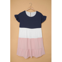 Pink Ruffled Sleeve Tiered Color Block Mini Dress