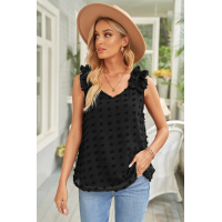 Black Swiss Dot Woven Sleeveless Top With Ruffled Straps