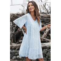 Sky Blue V Neck Tiered Babydoll Lace Dress