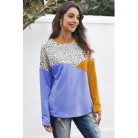 Leopard Color Block Splicing Long Sleeve Top