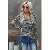 Leopard Camo Splicing Print V Neck Long Sleeve Top