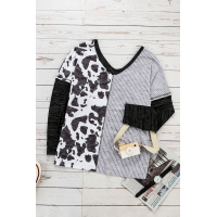 Gray Spot Print Color Block Blouse