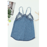 Blue Spaghetti Strap Printed Lace Tank Top