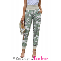 Light Green Camouflage Pocket Casual Pants With Slit