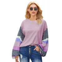 Purple Striped Colorblock Long Sleeve Knit Top