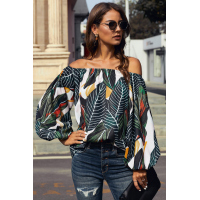 Green Leaves Print Elastic Neck Off Shoulder Top