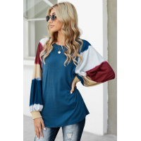 Blue Lantern Sleeve Color Block Pullover Loose T-shirts