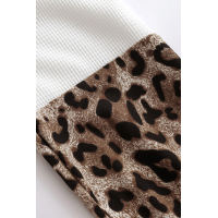 Leopard Long Sleeve Waffle Knit White Blouse with Twist Knot