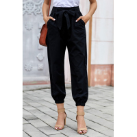 Black Solid Color Frock-style Pants with Belt