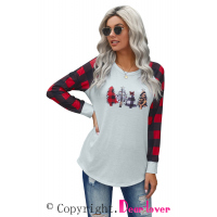 Red Christmas Pattern Plaid Splice Long Sleeve Top