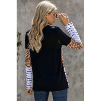 Brown Leopard Striped Patchwork Long Sleeve Top with Pocket