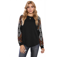 Black Ethnic Print Raglan Top