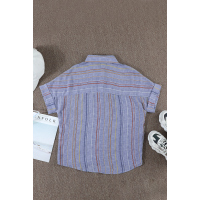 Blue V Neck Stripes Roll up Sleeve Button Shirt