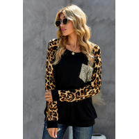 Black Round Neck Leopard Print Sequin Long Sleeve Top