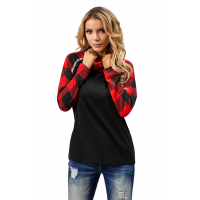 Black Cowl Neck Plaid Splice Casual Long Sleeve Top