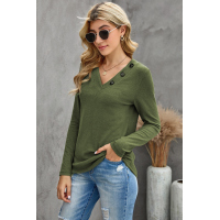 Green V-neck Button Solid Color Long Sleeve Top