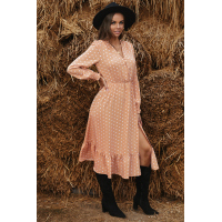 Apricot Button Polka Dot High Slit Ruffled Midi Dress