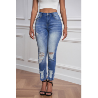 Dark Blue Washed Distressed Slits Skinny Jeans