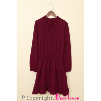 Wine V Neck Long Sleeve Ruffle Tiered Mini Dress