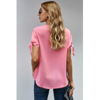 Pink Casual Tie Knot Short Sleeve V-Neck Button Chiffon Blouse