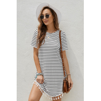 Crew Neck Striped T-shirt Mini Dress with Tassel