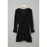 Black Lacy V Neck Ruffled Mini Dress