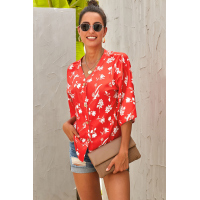 Red Floral Button Up Top