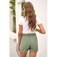 Army Green Cuffed High Waist Shorts