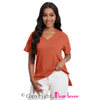 Orange V Neck Short Sleeves Cotton Blend Tee with Front Pocket and Side Slits