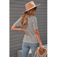 Khaki Cable Knit Short Sleeve Top with Buttons